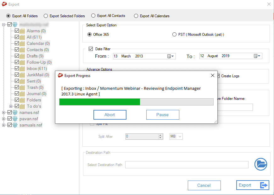 screenshot of Lotus Notes To Office 365 Migration